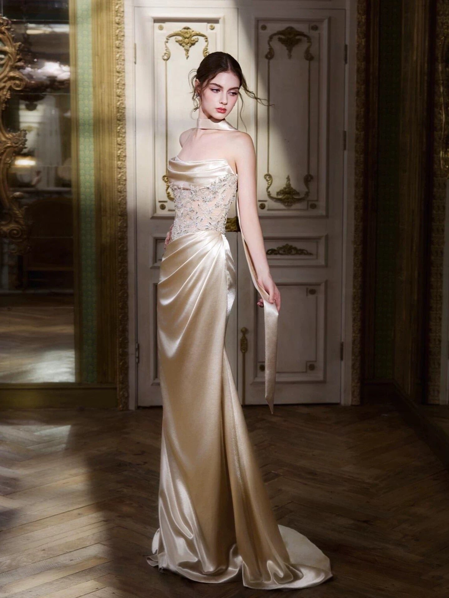 Classy Mermaid Strapless Champagne With Beading Date Night Outfits Semi Formal Prom Gown Evening Dresses RB5570