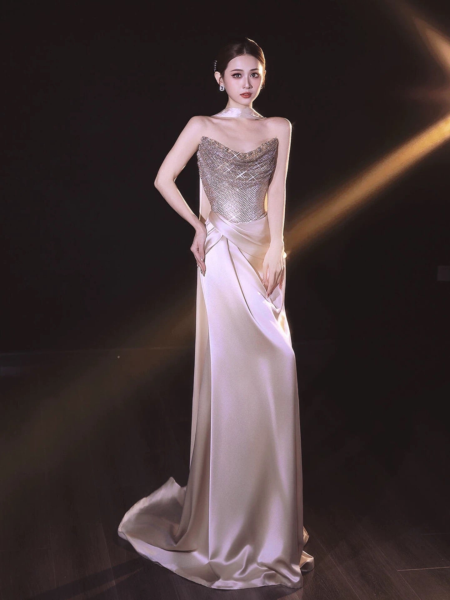 Sparkly Mermaid Sweetheart Sequined Champagne With Scarf Long Date Night Evening Outfit Formal Prom Dresses RB5336