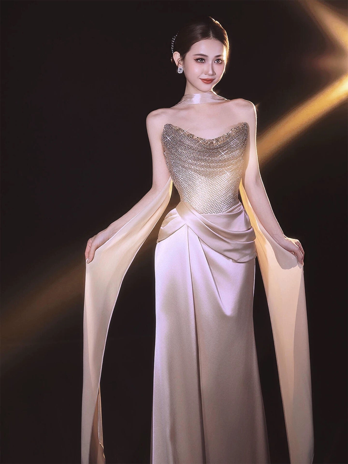 Sparkly Mermaid Sweetheart Sequined Champagne With Scarf Long Date Night Evening Outfit Formal Prom Dresses RB5336