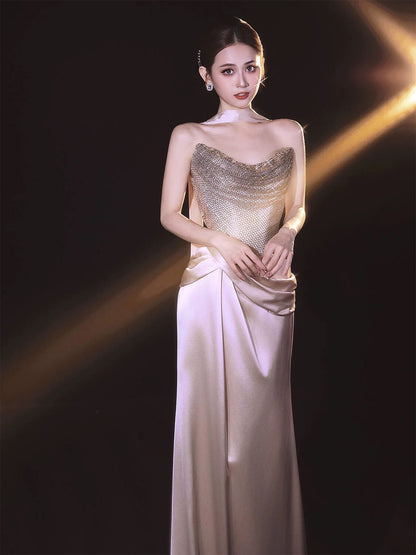 Sparkly Mermaid Sweetheart Sequined Champagne With Scarf Long Date Night Evening Outfit Formal Prom Dresses RB5336