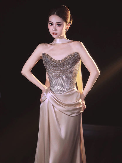 Classy Mermaid Strapless Champagne With Sequin Date Night Outfits Semi Formal Prom Gown Evening Dresses RB5573