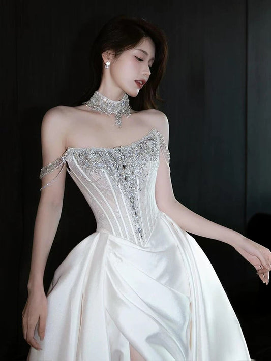 Modest Sheath Strapless With Train White Satin Brides Gown Bridal Dress Long Wedding Dresses RB5338