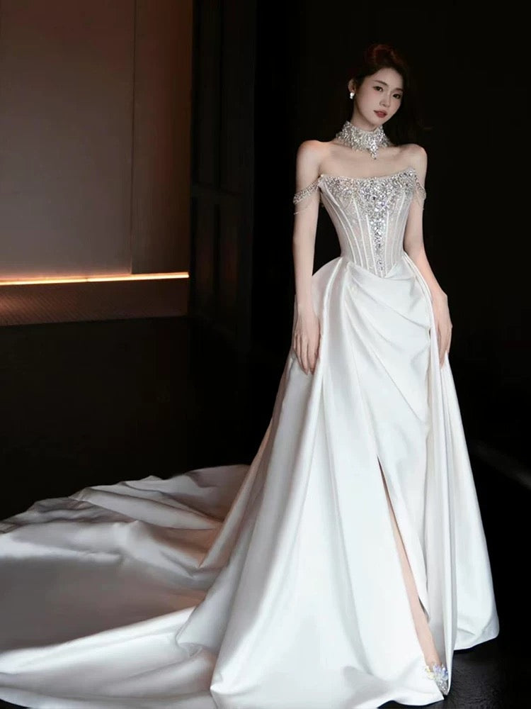 Modest Sheath Strapless With Train White Satin Brides Gown Bridal Dress Long Wedding Dresses RB5338