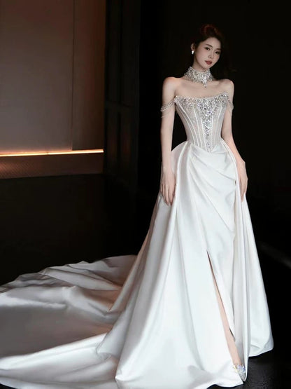 Modest Sheath Strapless With Train White Satin Brides Gown Bridal Dress Long Wedding Dresses RB5338