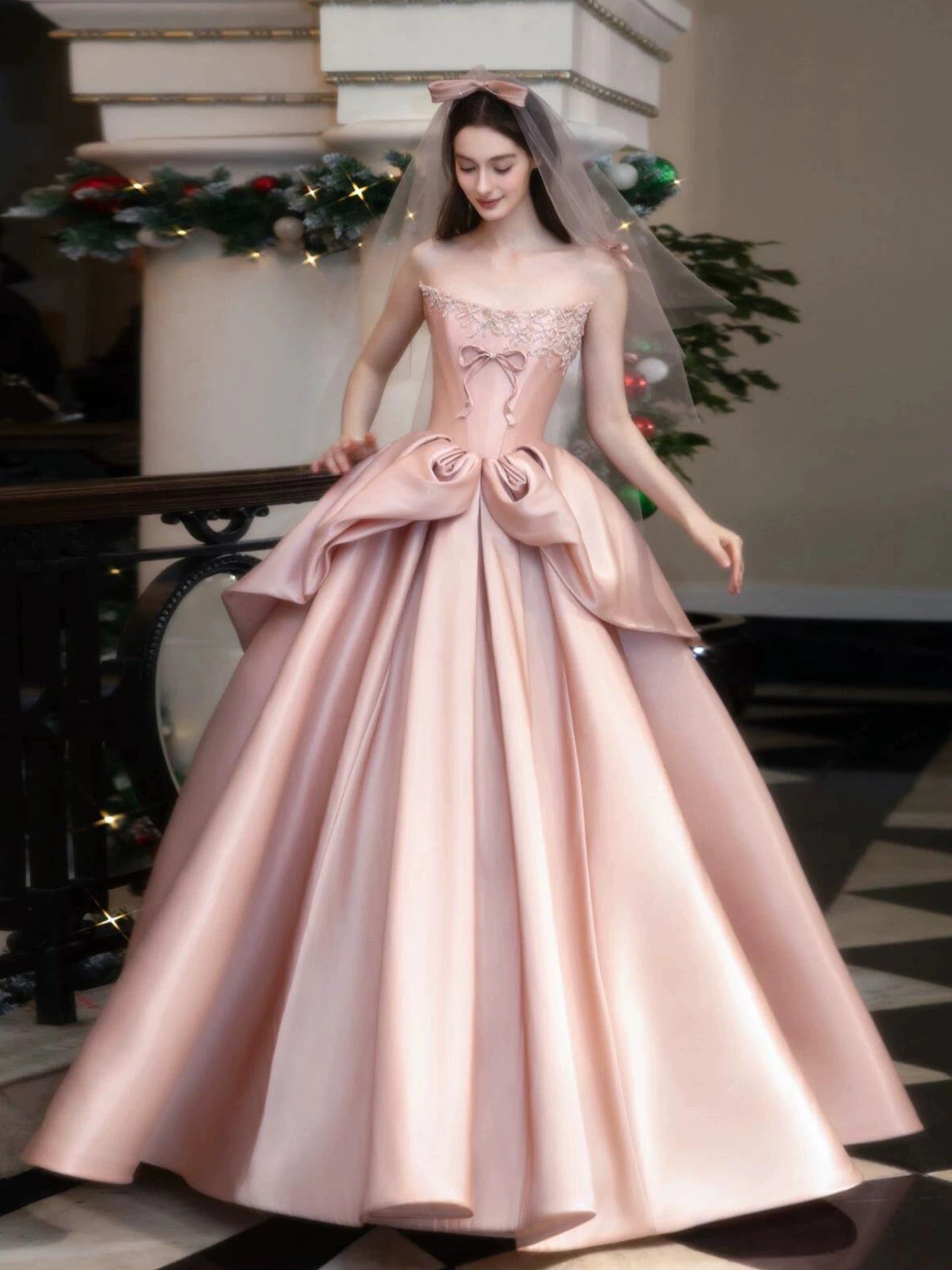 Princess Ball Gown Strapless Pink With Beads Bow Date Night Evening Outfit Formal Prom Dresses RB5339