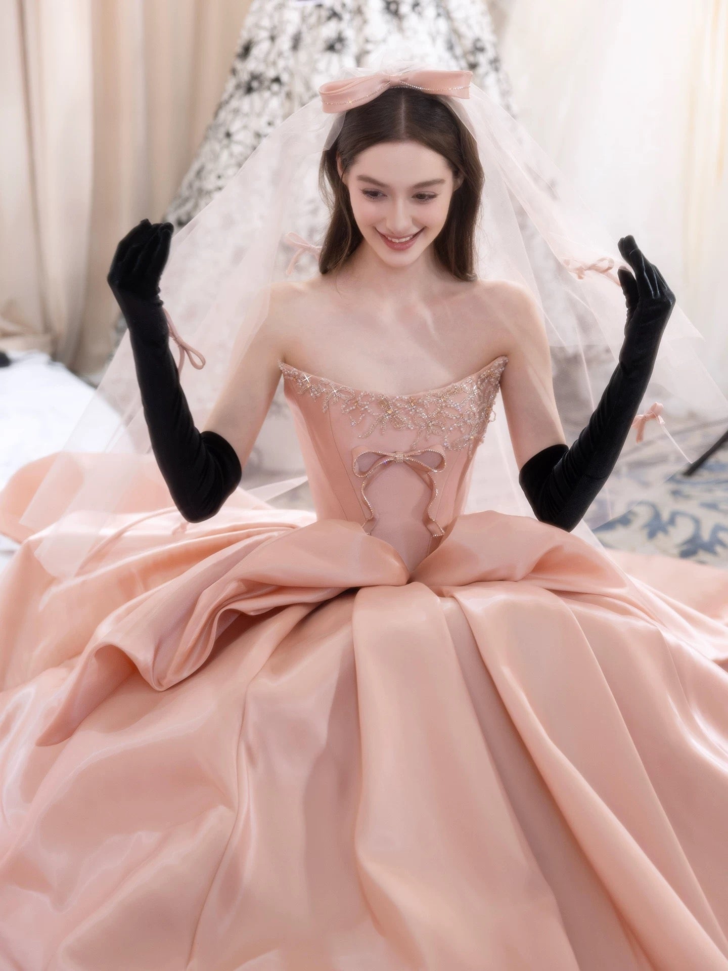 Princess Ball Gown Strapless Pink With Beads Bow Date Night Evening Outfit Formal Prom Dresses RB5339