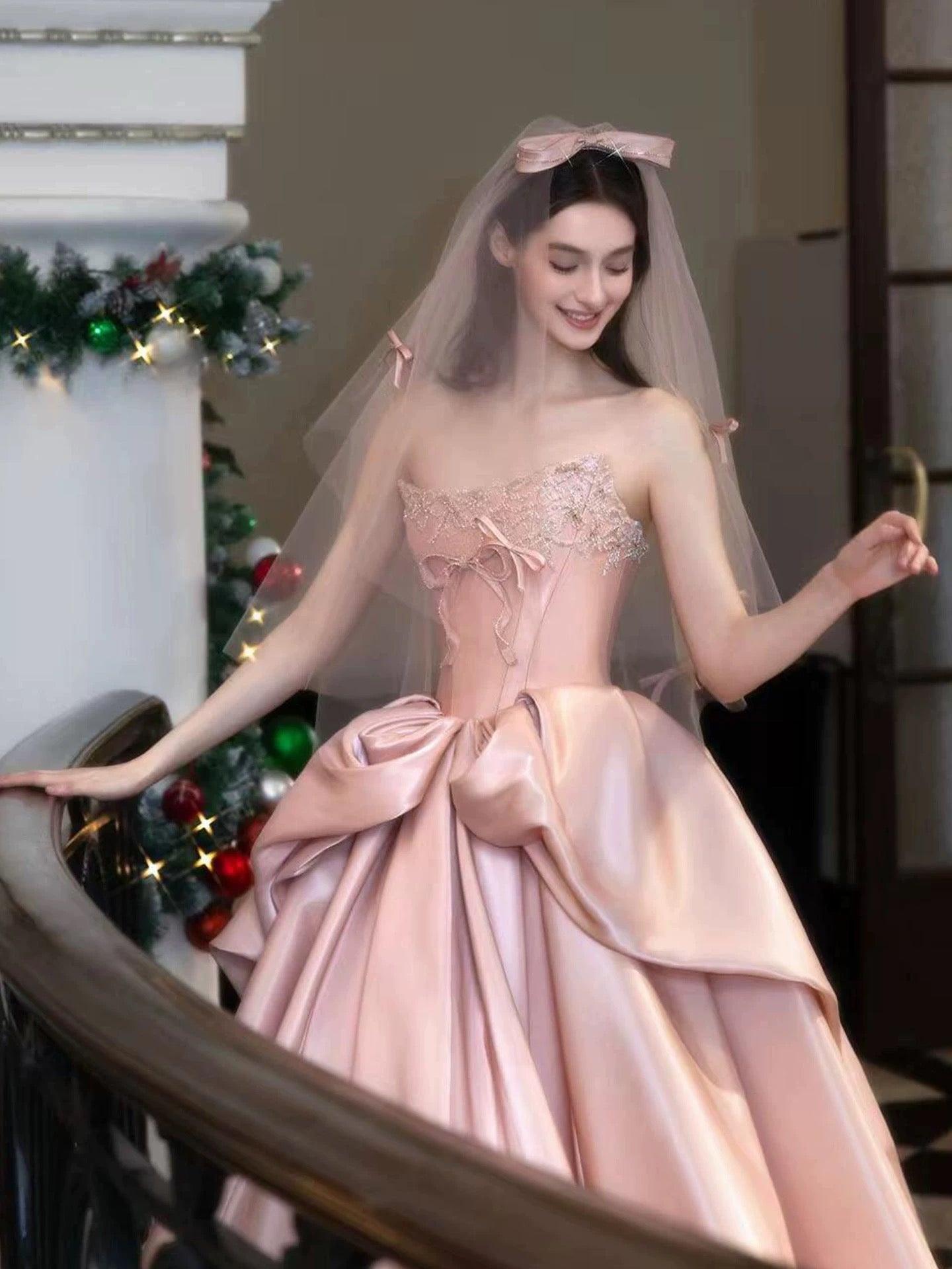 Princess Ball Gown Strapless Pink With Beads Bow Date Night Evening Outfit Formal Prom Dresses RB5339