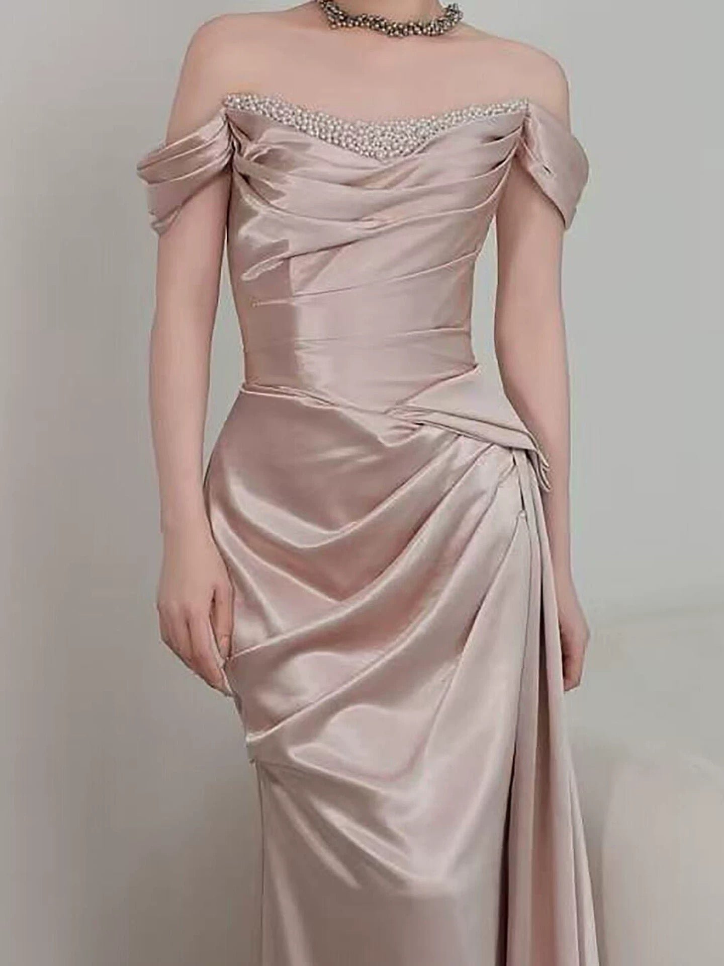 Sparkly Mermaid Off The Shoulder Pink With Beads Long Date Night Evening Outfit Formal Prom Dresses RB5340