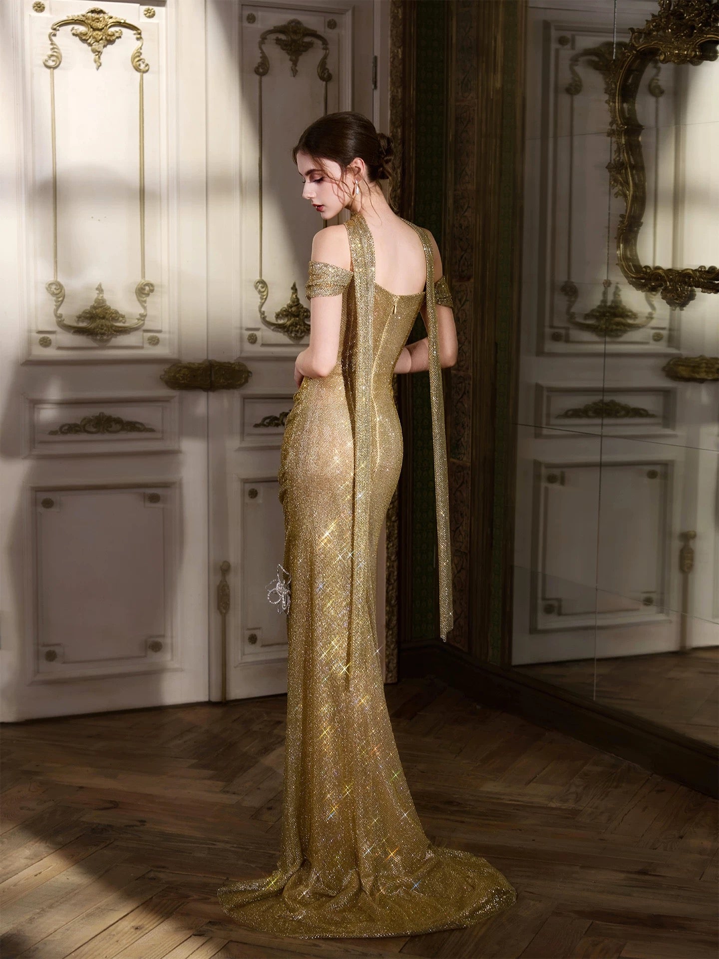 Sparkly Mermaid Off The Shoulder Gold Sequin With Sleeves Date Night Outfits Semi Formal Prom Gown Evening Dresses RB5362