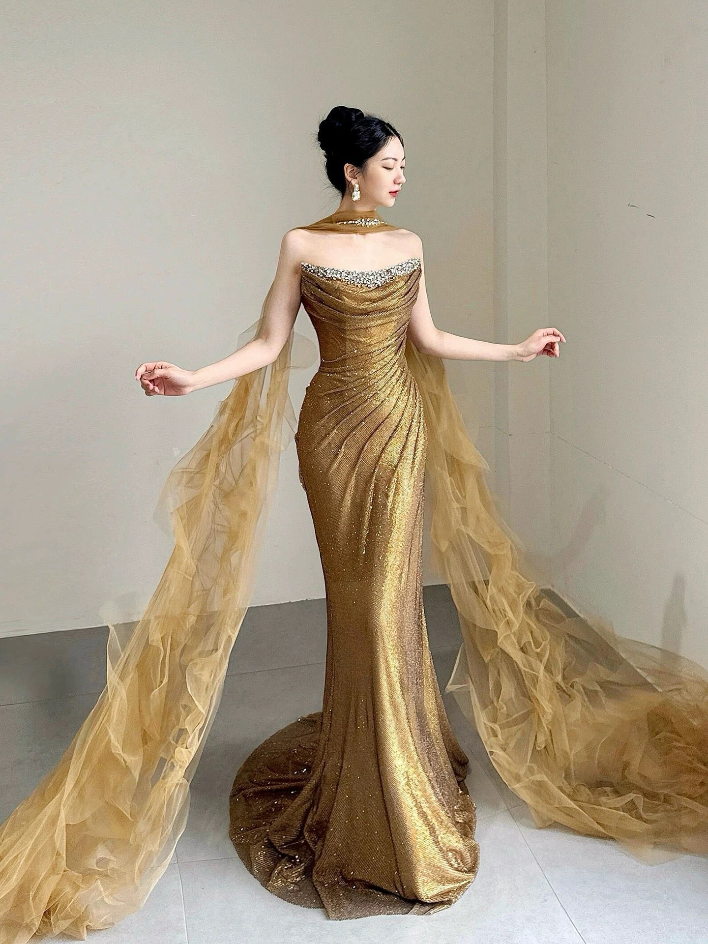 Sparkly Mermaid Off The Shoulder Gold With Beads Long Date Night Evening Outfit Formal Prom Dresses RB5341