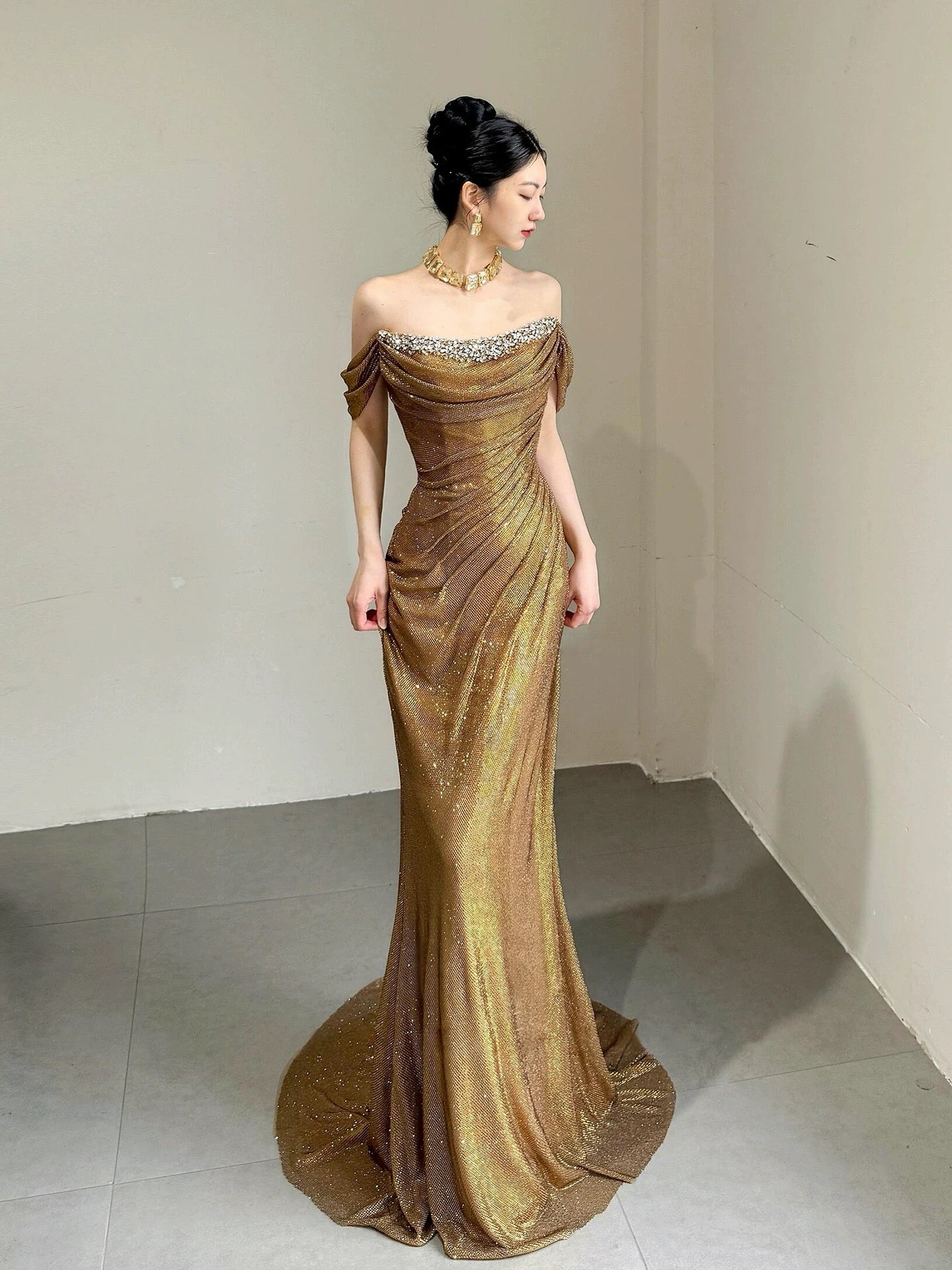 Sparkly Mermaid Off The Shoulder Gold With Beads Long Date Night Evening Outfit Formal Prom Dresses RB5341