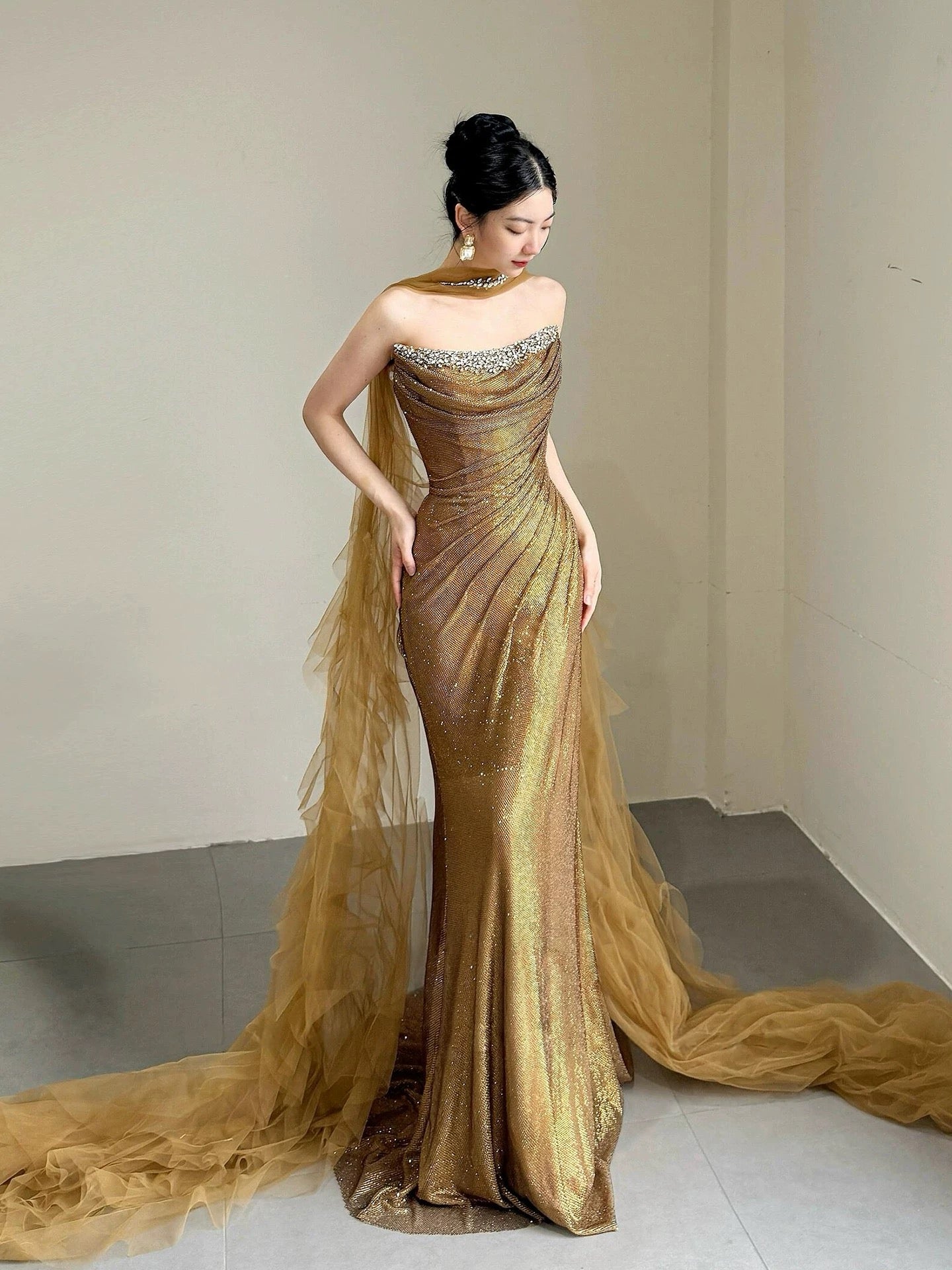 Sparkly Mermaid Strapless With Beading Scarf Long Prom Evening Dresses Inspo Evening Outfits RB5220