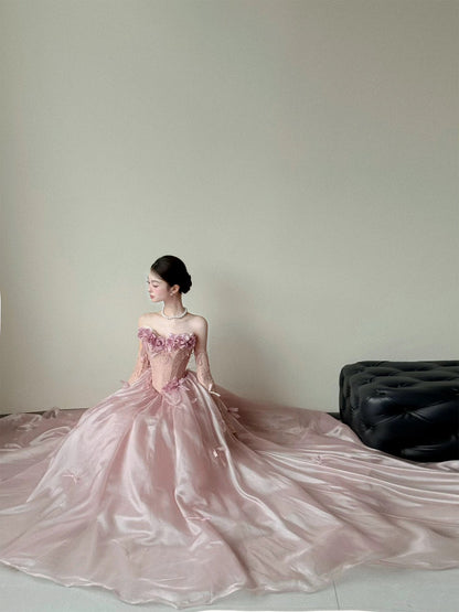 Princess Prom Dresses Ball Gowns Strapless Pink WIth 3D Flowers Evening Long Quince Dress N4243
