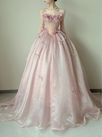 Princess Prom Dresses Ball Gowns Strapless Pink WIth 3D Flowers Evening Long Quince Dress N4243