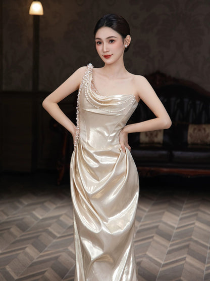 Simple Mermaid One Shoulder Satin Sleeveless Long Prom Dresses For Women N4246