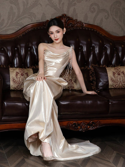 Simple Mermaid One Shoulder Satin Sleeveless Long Prom Dresses For Women N4246