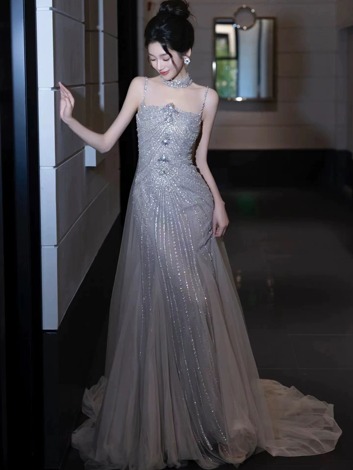 Sparkling Mermaid Spaghetti Strap Silver Gray Tulle Sleeveless Long Prom Dresses With Cape For Women N4249