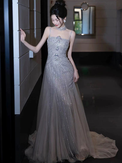 Sparkling Mermaid Spaghetti Strap Silver Gray Tulle Sleeveless Long Prom Dresses With Cape For Women N4249