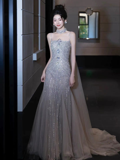 Sparkling Mermaid Spaghetti Strap Silver Gray Tulle Sleeveless Long Prom Dresses With Cape For Women N4249