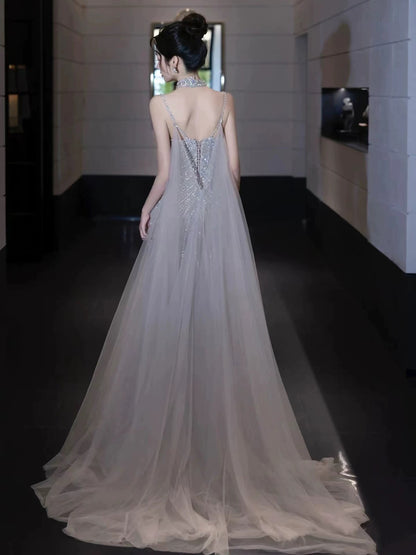 Sparkling Mermaid Spaghetti Strap Silver Gray Tulle Sleeveless Long Prom Dresses With Cape For Women N4249