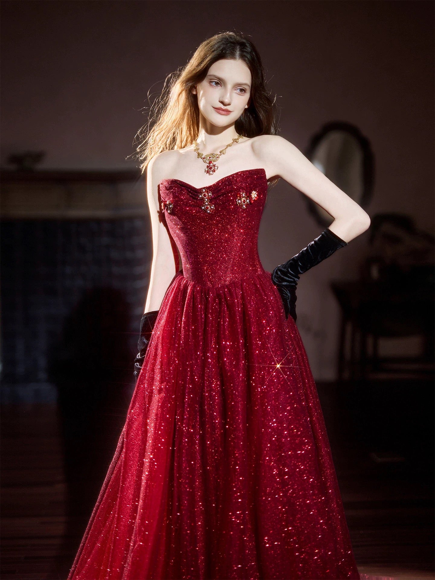 Sparkly A Line Sweetheart Burgundy Sequin Long Date Night Outfits Semi Formal Prom Gown Evening Dresses RB5363