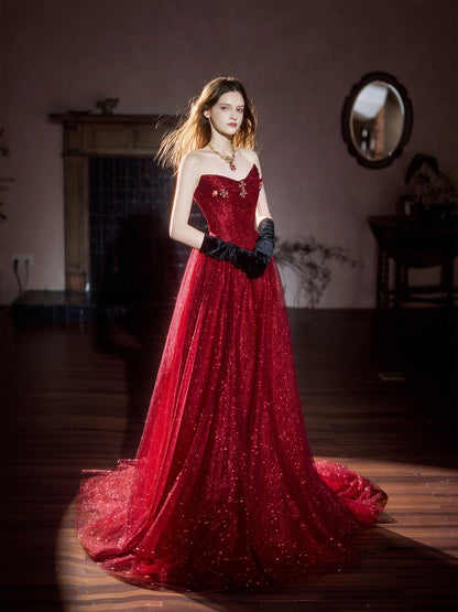 Sparkly A Line Sweetheart Burgundy Sequin Long Date Night Outfits Semi Formal Prom Gown Evening Dresses RB5363