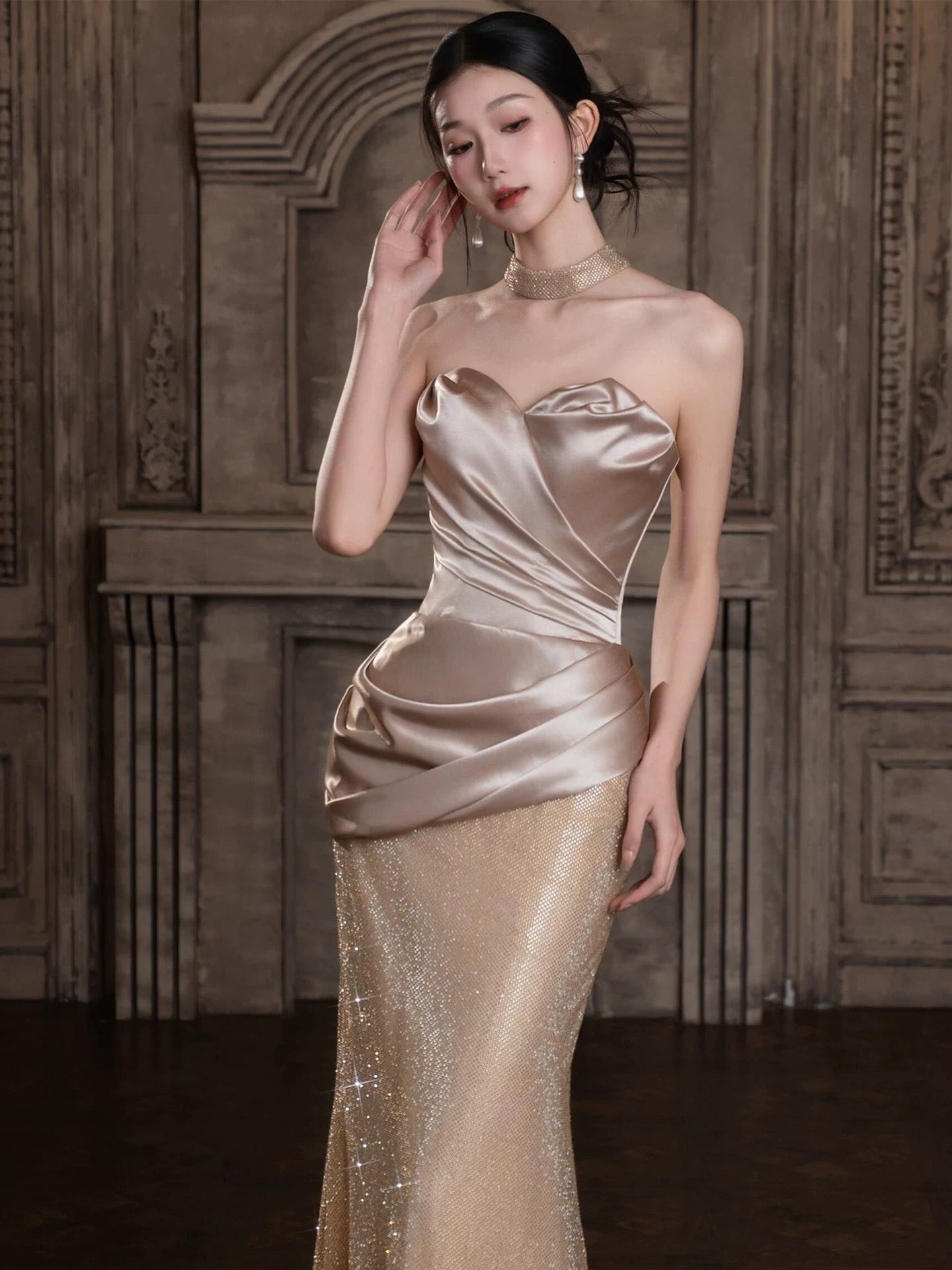 Sparkly Mermaid Sweetheart Champagne Sequin Long Prom Evening Dresses Inspo Evening Outfits RB5189