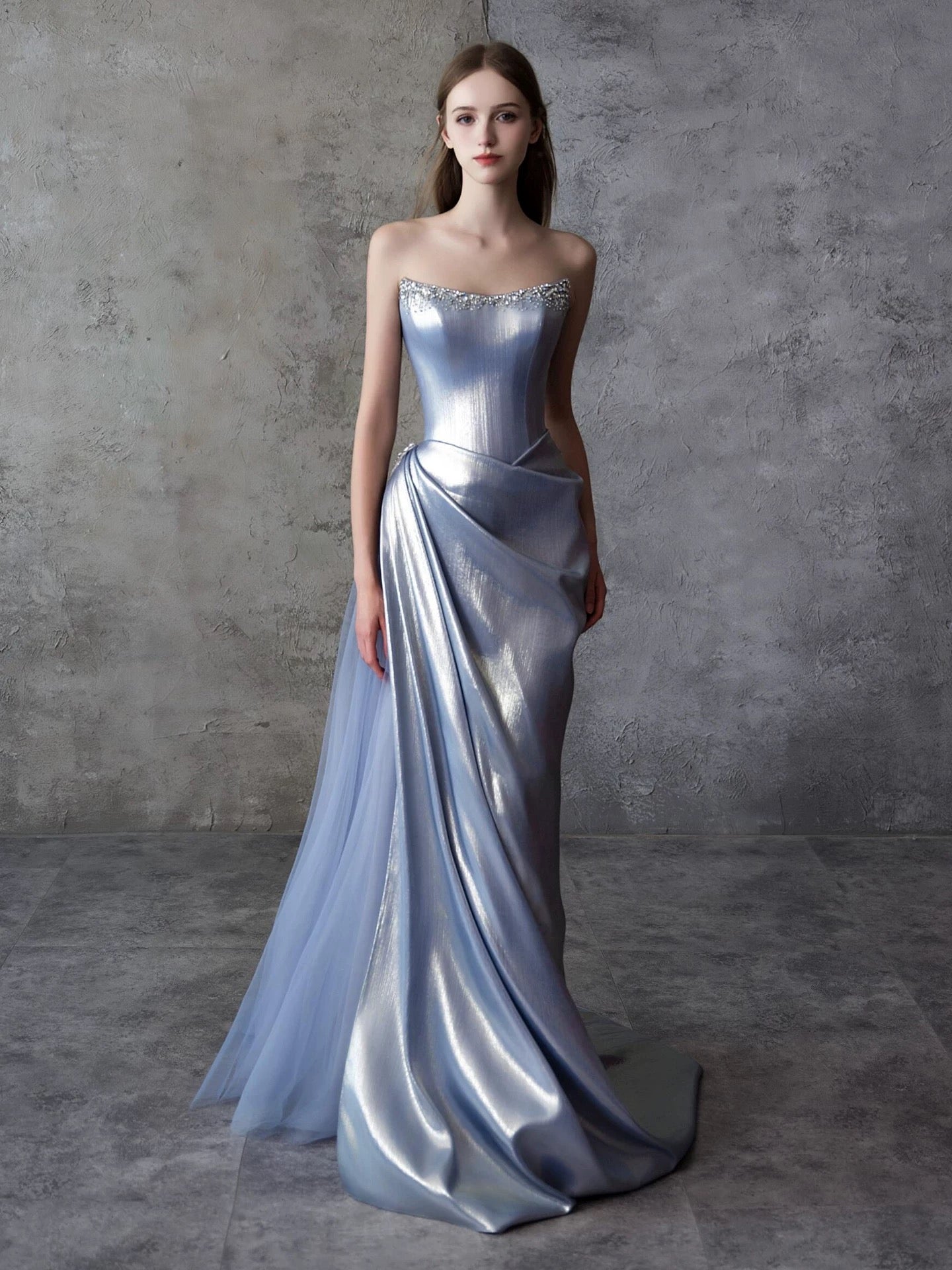 Sexy Mermaid Strapless Blue Satin Sleeveless Formal Gowns Long Prom Dresses For Women N4255