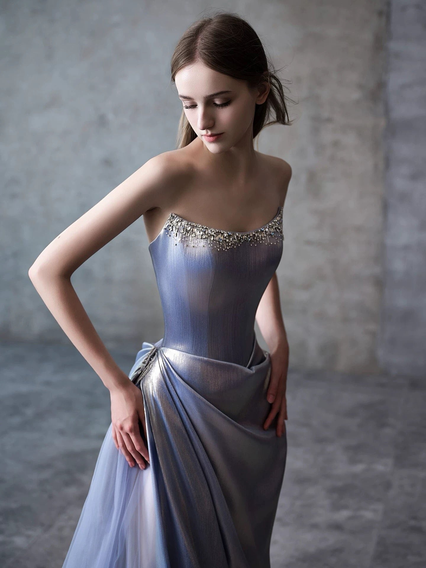 Sexy Mermaid Strapless Blue Satin Sleeveless Formal Gowns Long Prom Dresses For Women N4255