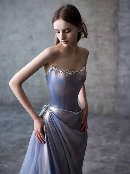 Sexy Mermaid Strapless Blue Satin Sleeveless Formal Gowns Long Prom Dresses For Women N4255