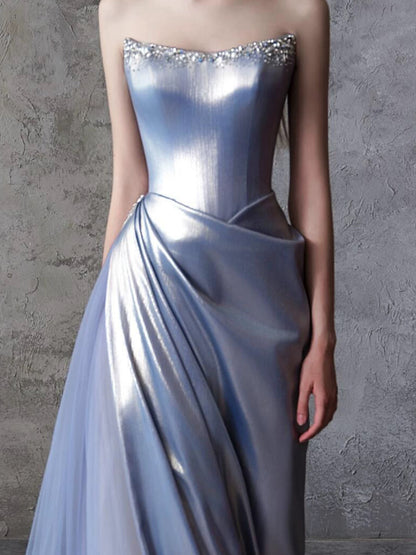 Sexy Mermaid Strapless Blue Satin Sleeveless Formal Gowns Long Prom Dresses For Women N4255
