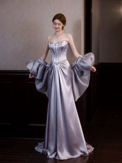 Modest Mermaid Sweetheart Lilac Satin With Cape Sleeveless Long Prom Dresses For Women N4256