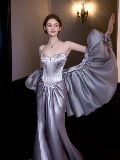 Modest Mermaid Sweetheart Lilac Satin With Cape Sleeveless Long Prom Dresses For Women N4256