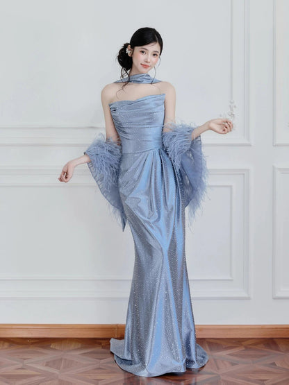 Sexy Mermaid Strapless Dusty Blue Satin Sleeveless With Feathers Cape Long Prom Dresses For Women N4257