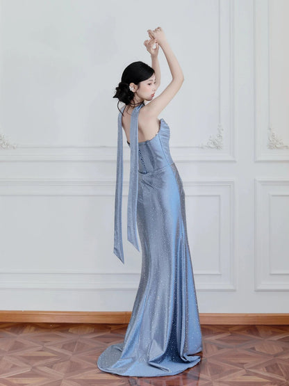 Sexy Mermaid Strapless Dusty Blue Satin Sleeveless With Feathers Cape Long Prom Dresses For Women N4257