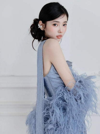 Sexy Mermaid Strapless Dusty Blue Satin Sleeveless With Feathers Cape Long Prom Dresses For Women N4257