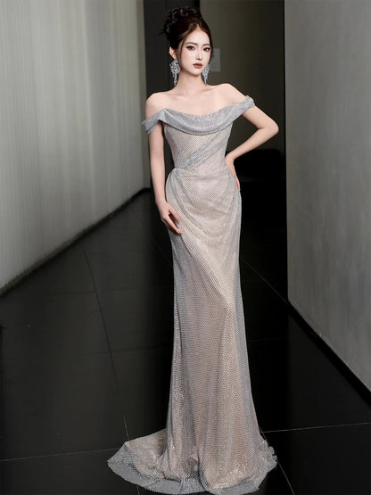 Modest Mermaid Off The Shoulder Champagne Sequins Long Prom Dresses For Women N4258