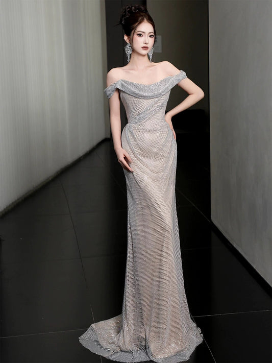 Modest Mermaid Off The Shoulder Champagne Sequins Long Prom Dresses For Women N4258
