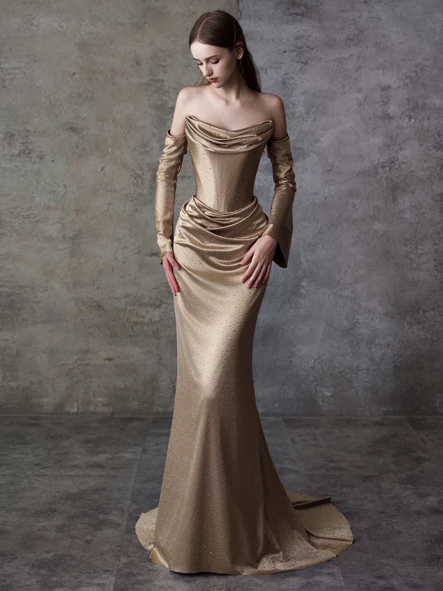Sparkly Mermaid Sweetheart Champagne Satin Long Prom Evening Dresses Inspo Evening Outfits RB5192