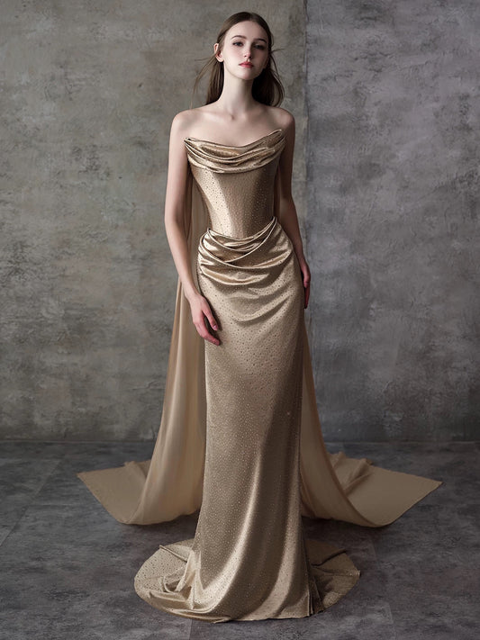 Sexy Mermaid Strapless Champagne Satin Sleeveless With Gloves Long Prom Dresses For Women N4258