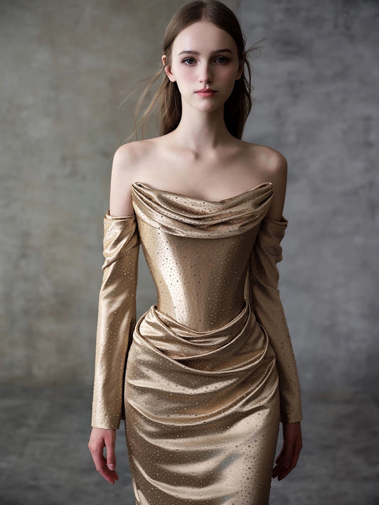 Sexy Mermaid Strapless Champagne Satin Sleeveless With Gloves Long Prom Dresses For Women N4258