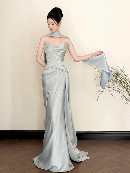 Sexy Mermaid Strapless Gray Satin Sleeveless With Scarf Long Prom Dresses For Women N4260