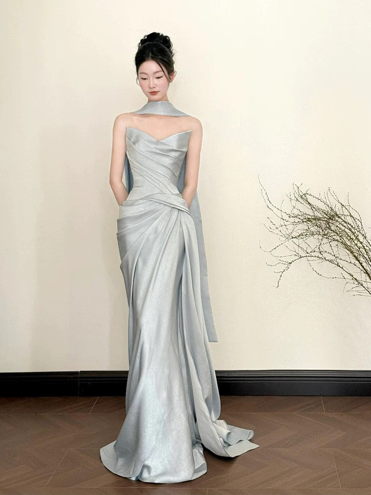 Sexy Mermaid Strapless Gray Satin Sleeveless With Scarf Long Prom Dresses For Women N4260