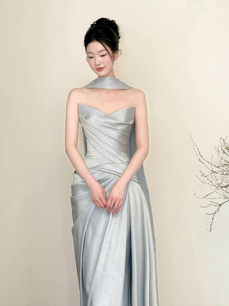 Sexy Mermaid Strapless Gray Satin Sleeveless With Scarf Long Prom Dresses For Women N4260
