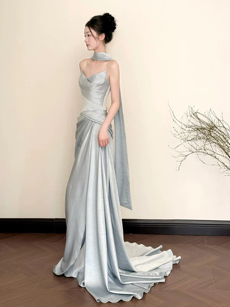 Sexy Mermaid Strapless Gray Satin Sleeveless With Scarf Long Prom Dresses For Women N4260