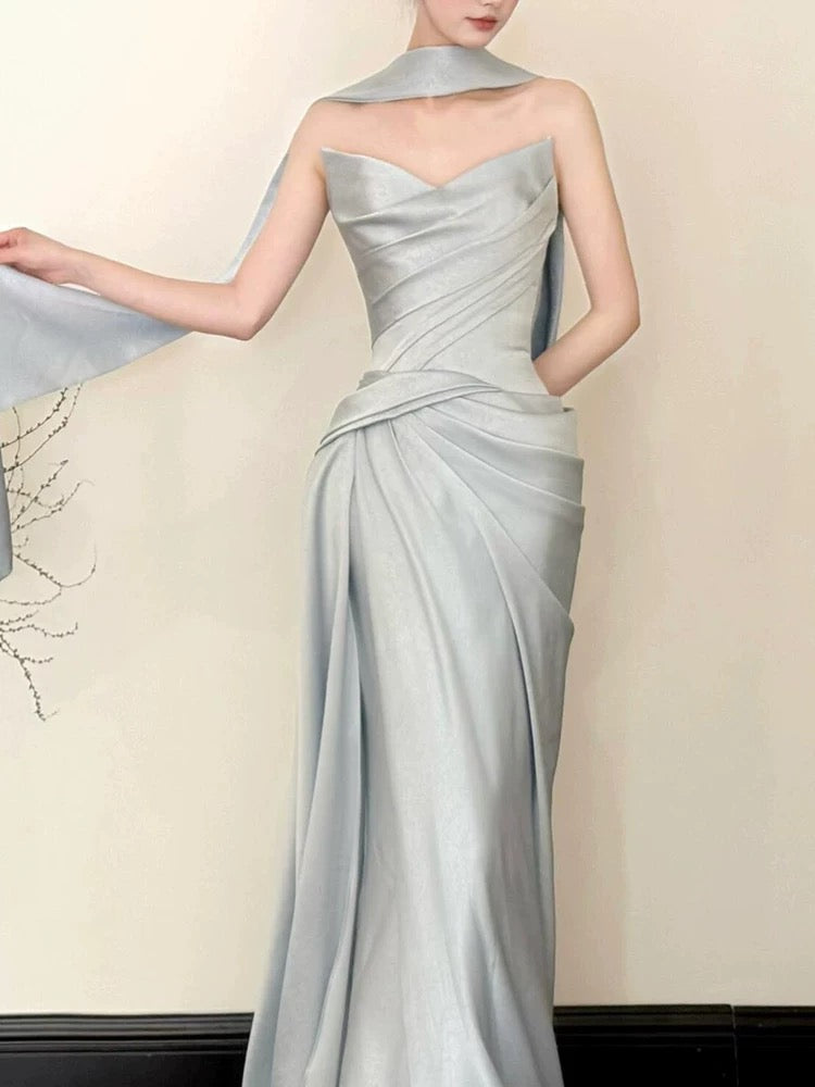 Sexy Mermaid Strapless Gray Satin Sleeveless With Scarf Long Prom Dresses For Women N4260