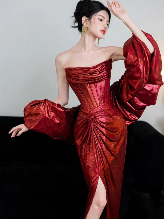 Sexy Mermaid Strapless Burgundy Satin Sleeveless With Cape Long Prom Dresses For Women N4261