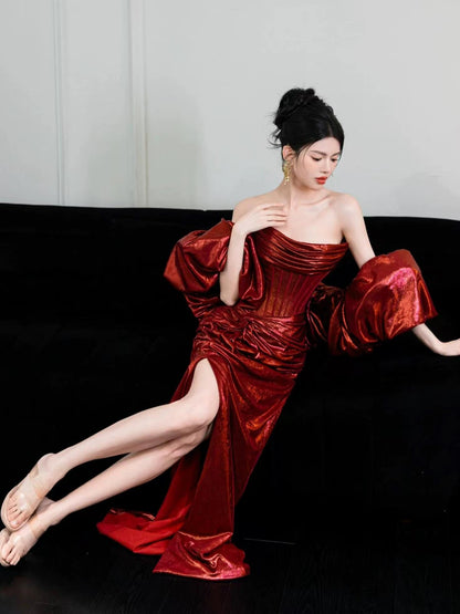 Sexy Mermaid Strapless Burgundy Satin Sleeveless With Cape Long Prom Dresses For Women N4261