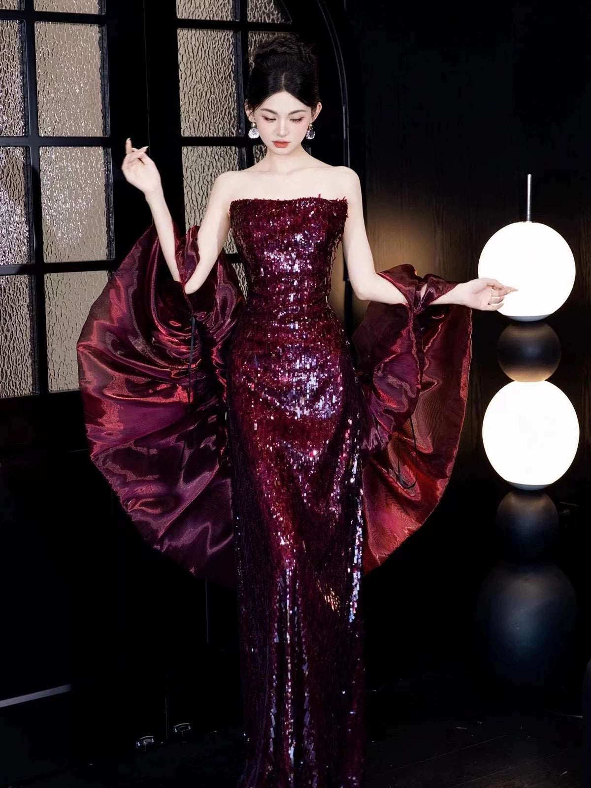 Sexy Mermaid Strapless Burgundy Sequin Sleeveless With Cape Long Prom Dresses For Women N4262