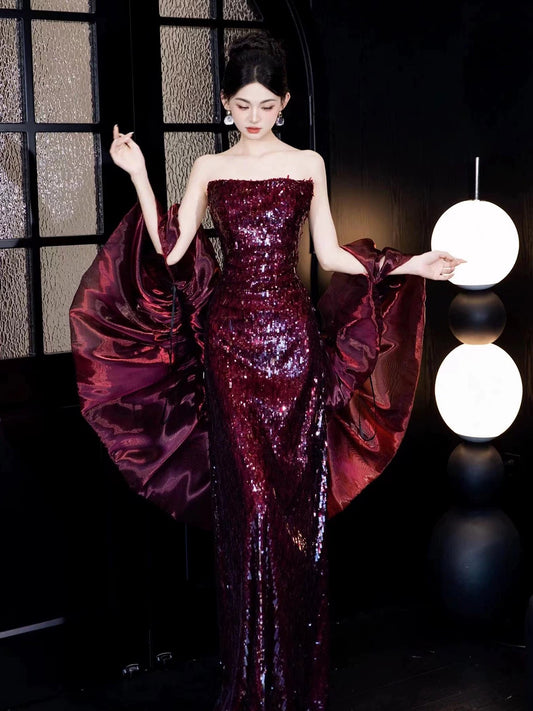 Sexy Mermaid Strapless Burgundy Sequin Sleeveless With Cape Long Prom Dresses For Women N4262